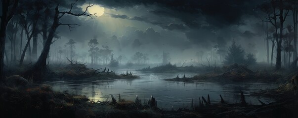 mysterious and misty swamp landscape - obrazy, fototapety, plakaty