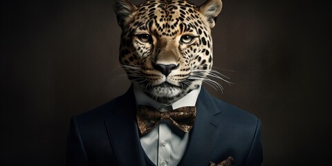 A proud leopard stands tall wearing a crisp suit and tie, its neck adorned with a striking collar, radiating power and elegance - obrazy, fototapety, plakaty