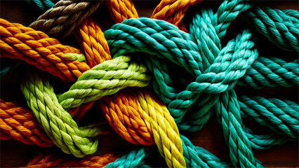 Fototapeta na wymiar Tightly woven multi colored rope. Team rope diverse strength