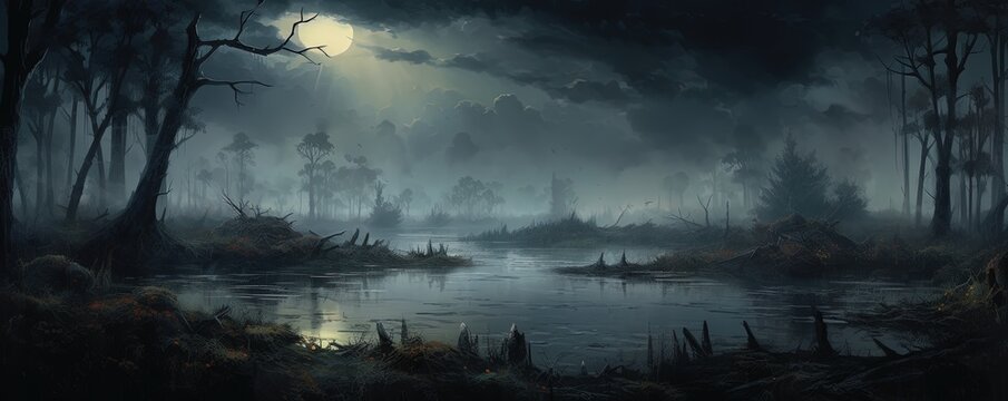 mysterious and misty swamp landscape