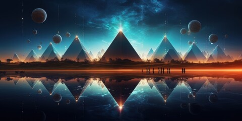 A surreal landscape with neon-lit triangles and pyramids arranged in rows with misty reflection