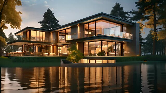 3d rendering of modern house by the river at morning, house, luxury, villa, modern, architecture, building, exterior, residential, property, designer
