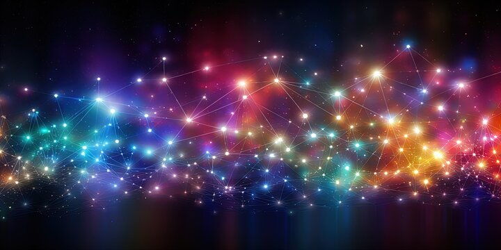 Spark like network grid. Network structure changing from moment to moment like an electric spark. Rainbow like colorful sparks or arcs forming a network