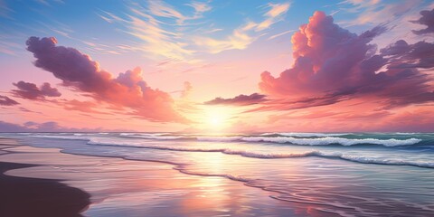 Obraz premium A breathtaking sunset with pink clouds over a tranquil beach with gentle waves and reflective sands