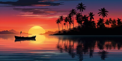 Digital art depicting a single canoe on still water reflecting a tropical dusk with palm trees - obrazy, fototapety, plakaty