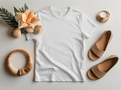 An engaging flat lay image featuring a simple and clean unisex white t-shirt, ideal for emphasizing the purity of your clothing line.. Generative AI