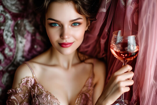 A woman in dress holding a glass of wine and looking at the camera with a smile
