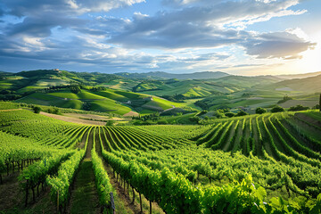 A panoramic view of a beautiful wine region with rolling hills and vineyards - obrazy, fototapety, plakaty