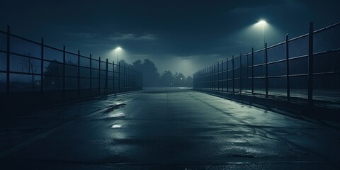 Midnight road or alley with car headlights pointed this way. Wet, hazy asphalt road with...