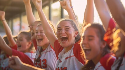 Closeup photo of a softball players celebrating a victory in the evening with fans in the background - Powered by Adobe