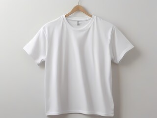 A minimalist presentation of a white t-shirt mockup suspended neatly on a wall, ideal for displaying custom designs.. Generative AI