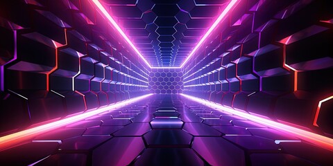 Futuristic hexagon pattern tunnel with neon lights in a digital abstract environment