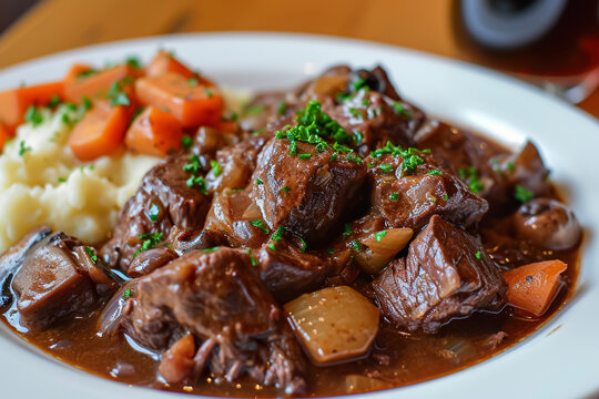 A plate of boeuf en daube, a classic French beef stew made with red wine, vegetables, and herbs