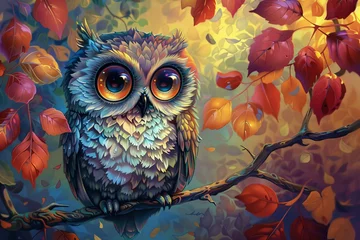 Schilderijen op glas a colorful owl sitting on a branch © Alex