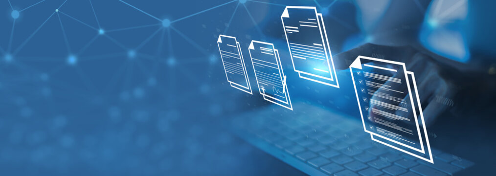 Businesswoman using a computer to document management concept, online documentation database and digital file storage system/software, records keeping, database technology, file access,	