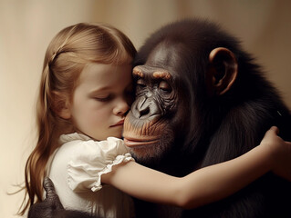Tender Embrace between Child and Chimpanzee