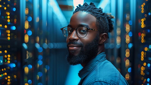 Precision engineering: man fine-tunes video card parameters amidst the glow of server racks