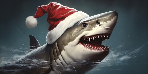 On a crisp christmas morning, a mischievous shark dons a festive santa hat, its fins and fangs...