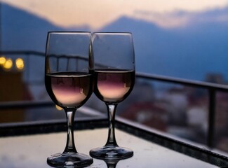 Glasses of wine on the terrace of the hotel. Luxury vacation experience.