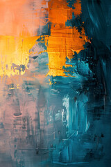 Vertical Modern abstract oil painting art design. Orange, gold, blue.