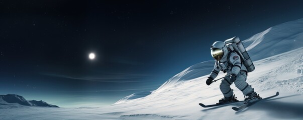 Astronaut downhill skiing on the moon. NASA extreme sports. Space planet winter sports are out of this world