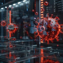 Obraz premium A 3D rendered digital virus against a futuristic data center server room background. 