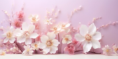 Artistic arrangement of delicate flowers in pastel pink and white tones on a clean background