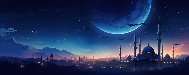 Ancient mosque at night. Ramadan. Travel Taj Mahal abstract background illustration - obrazy, fototapety, plakaty