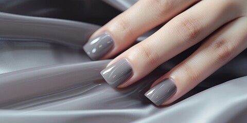 Glamour woman hand with gray nail polish on her fingernails. Gray color nail manicure with gel polish at luxury beauty salon. Nail art and design. Female hand model.