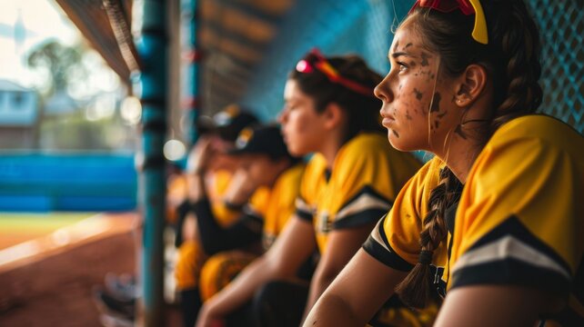 Closeup photo of a softball players mourning a defeat in a championship game in the afternoon