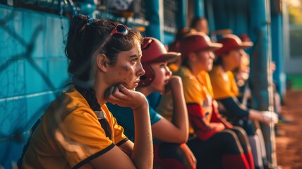 Closeup photo of a softball players mourning a defeat in a championship game in the afternoon - obrazy, fototapety, plakaty