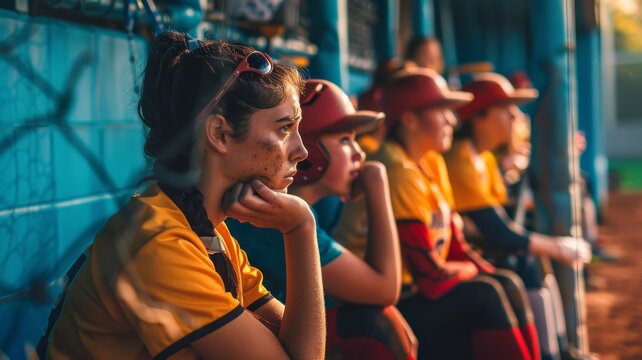 Closeup photo of a softball players mourning a defeat in a championship game in the afternoon