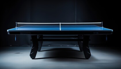 Blue and smooth surface table tennis table with tight black net to being prepared for practice - obrazy, fototapety, plakaty