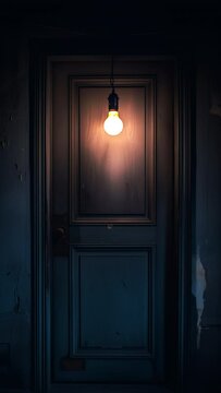 Flickering light bulb in a dark room.