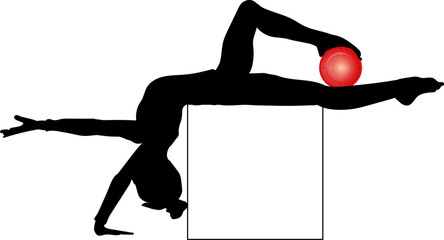 This is a vector illustration of a black silhouette of a girl practicing artistic gymnastics with a red ball on a white background. The girl is depicted in a graceful pose, standing on tiptoes with ou