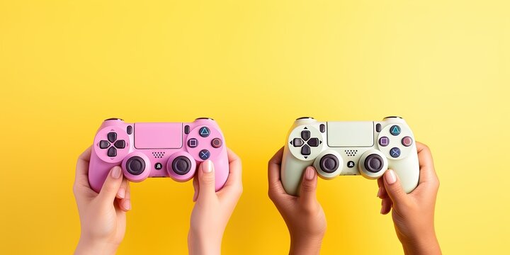 Cheerful scene with two hands holding pastel-colored game controllers against a yellow background