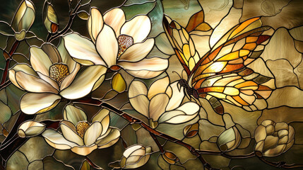 Stained glass white Magnolia with butterfly on beautiful Gold background as wallpaper illustration, Stained glass spring decoration, Elegant White Gold Flower	