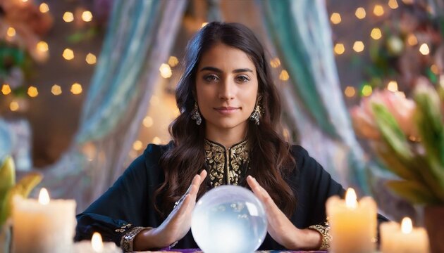 Gypsy young woman fortune teller working with glowing crystal ball, predicting future, looking directly into camera, esoteric mysticism decorations in background