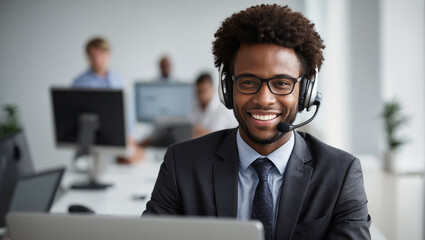 Portrait of a happy call center black man working on laptop in office setting for consulting. Smile, customer support or service career with a young employee using headphones - obrazy, fototapety, plakaty