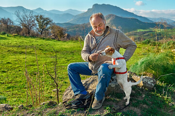 Gray haired man taking a walk with his jack russell dog in meadow in mountainous area. Mature man...