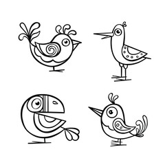 set of outline bird coloring pages outline, vector illustration hand drawn