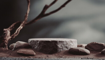 3D product podium; abstract modern 3d shape for products display; eath thones and stone, desert