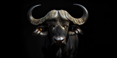 Naklejka premium Majestic African buffalo on black background