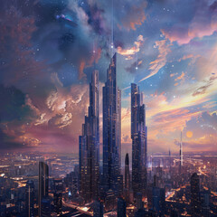 Twilight Metropolis Among the Stars, A futuristic megacity skyline, with towering skyscrapers reaching for the stars - obrazy, fototapety, plakaty