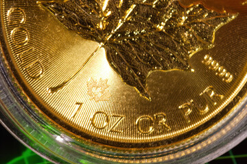 Close-up of a gold coin against the background of a green chart symbolizing price increase, the...