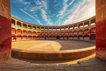 Foto op Aluminium An empty round bullfight arena in Spain with a clock tower in the background. The traditional Spanish bullring stands silently, devoid of any audience or performers. © pham