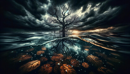 A solitary bare tree stands in the midst of a rain-drenched, dark water landscape with a dramatic stormy sky in the background and fallen leaves floating on the water's surface. AI generated.