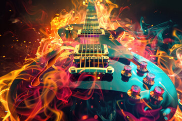 Fire blazing electric guitar engulfed in multi-colored fire and colored plasma. A fantastic illustration of passion and inspiration.
