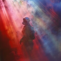 Fototapeta premium Rescue man in firefighter uniform and oxygen mask walk through orange signal smoke