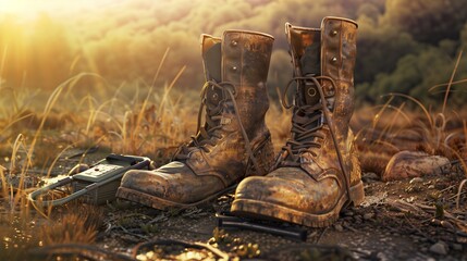 A hyper-realistic image of a pair of worn, sturdy boots standing at the edge of a field, with a metal detector resting beside them. - obrazy, fototapety, plakaty